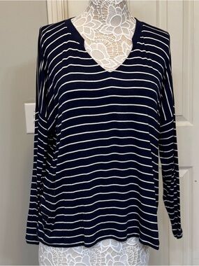 CAbi Navy Blue White #5556 Striped Ahoy Long Sleeve T-Shirt